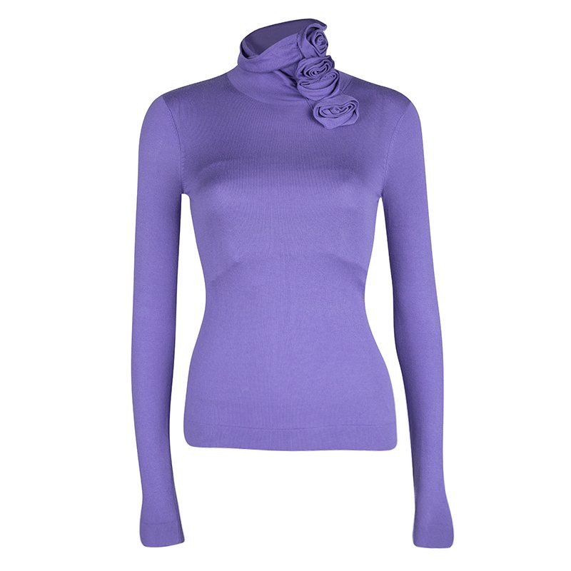 Knit Floral Applique Turtleneck Detail Long Sleeve